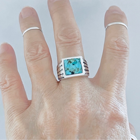 Sterling Silver Heavy Unisex Genuine Turquoise Ring, Statement Stone Rings - Picture 5 of 14